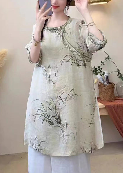 Light Green Print Side Open Linen Shirt Half Sleeve