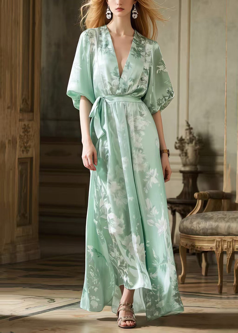 Light Green Tie Waist Print Silk Long Dress Summer