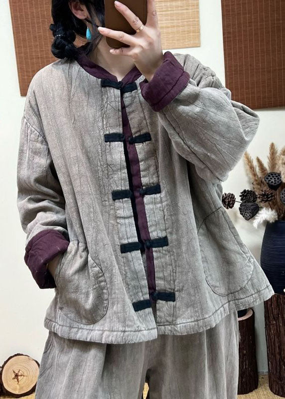 Light Grey Stand Collar Patchwork Pockets Fine Cotton Filled Coat Winter