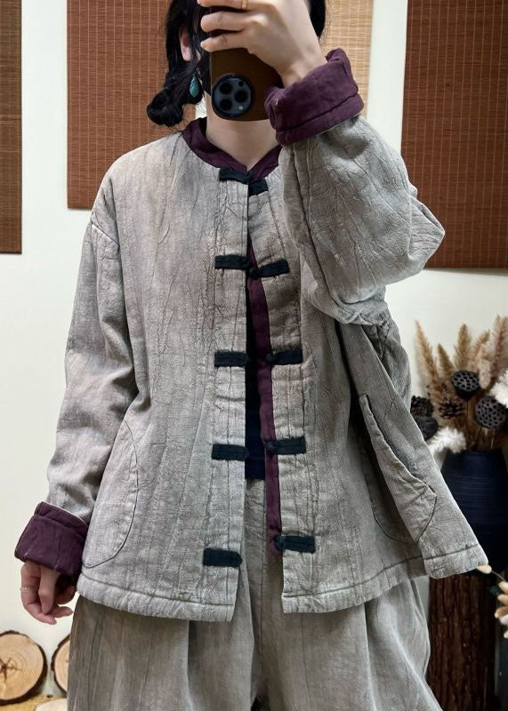 Light Grey Stand Collar Patchwork Pockets Fine Cotton Filled Coat Winter
