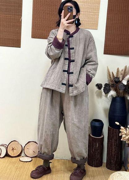 Light Grey Stand Collar Patchwork Pockets Fine Cotton Filled Coat Winter