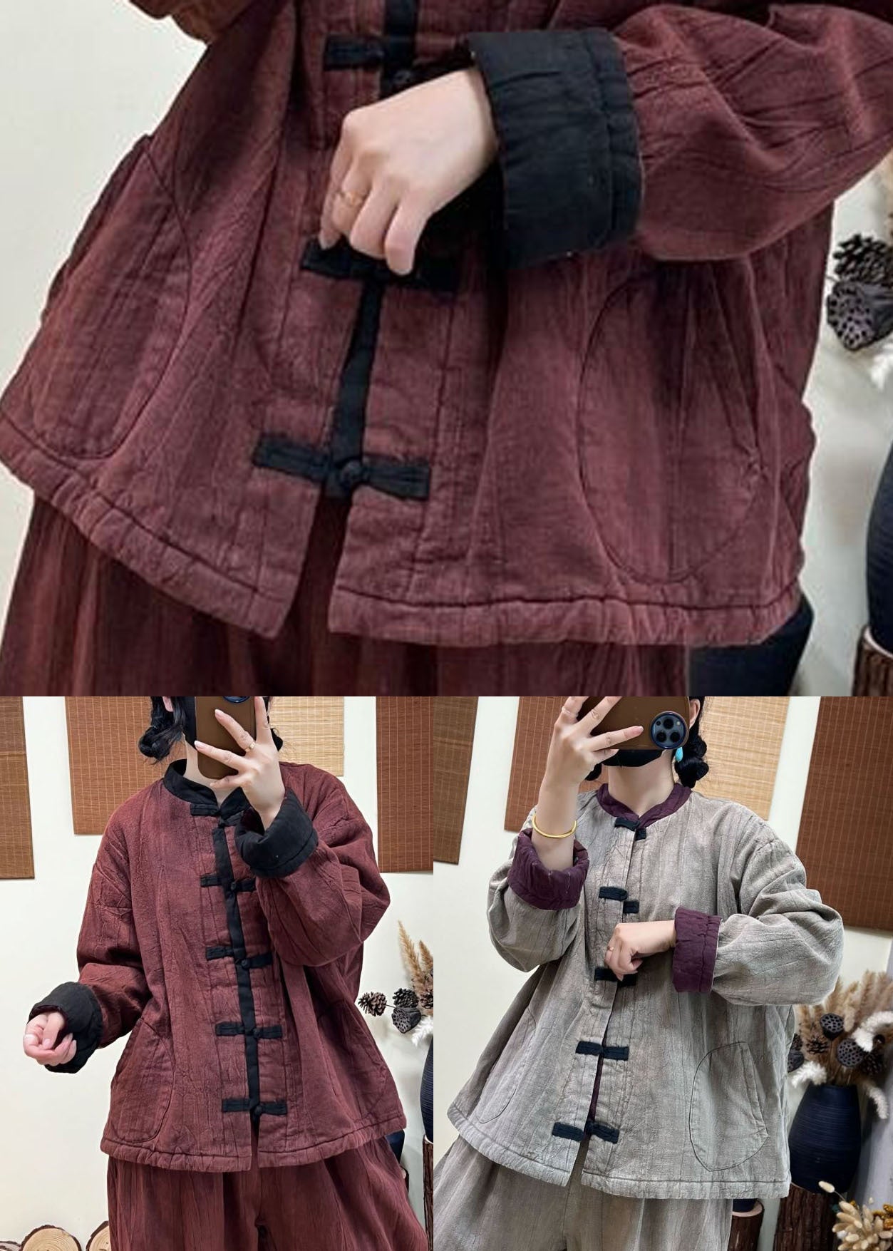 Light Grey Stand Collar Patchwork Pockets Fine Cotton Filled Coat Winter