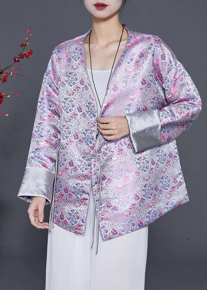 Light Purple Tasseled Print Silk Coats Spring