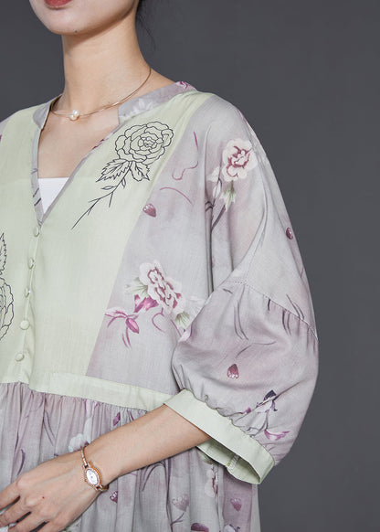 Light Purple V Neck Print Linen Dress Summer