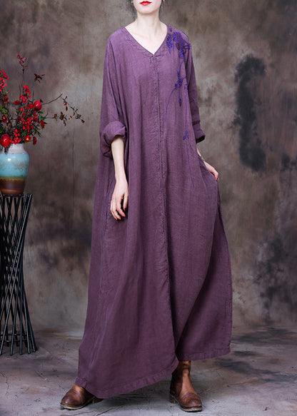 Llight Purple V Neck Asymmetrical Patchwork Linen Ankle Dress Long