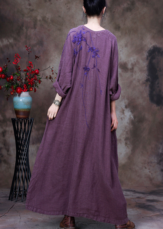 Llight Purple V Neck Asymmetrical Patchwork Linen Ankle Dress Long