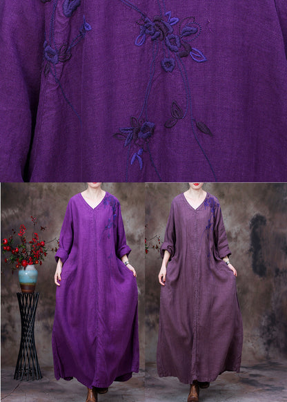 Llight Purple V Neck Asymmetrical Patchwork Linen Ankle Dress Long