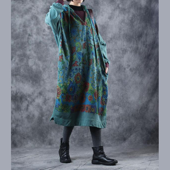 Loose Hoodie Print Long Fleece Dresses