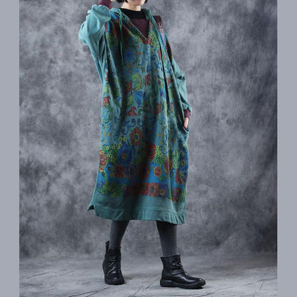 Loose Hoodie Print Long Fleece Dresses