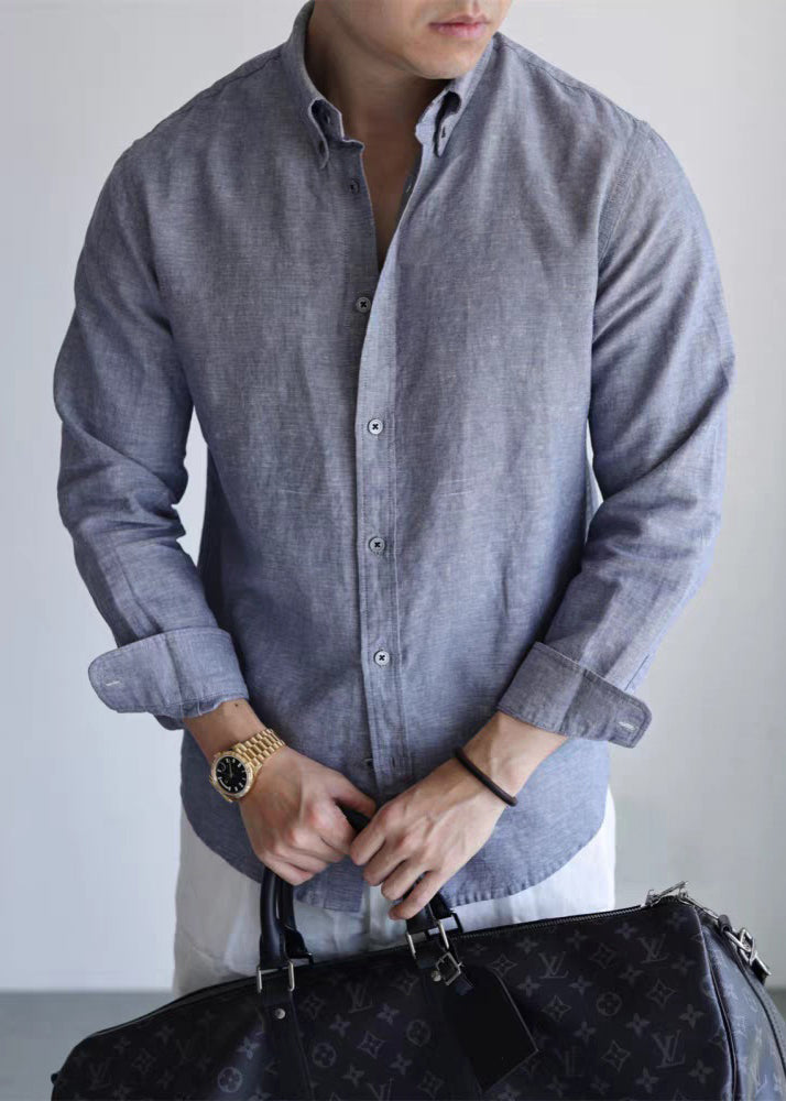 Mist Gray Peter Pan Collar Button Linen Shirts Fall