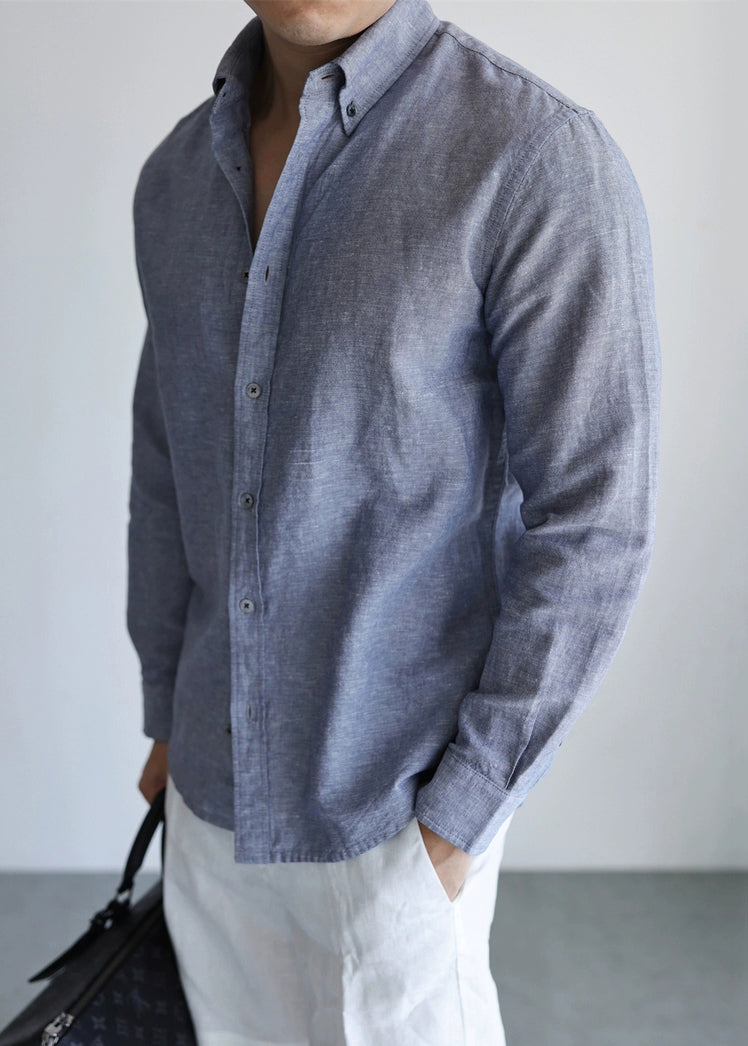 Mist Gray Peter Pan Collar Button Linen Shirts Fall