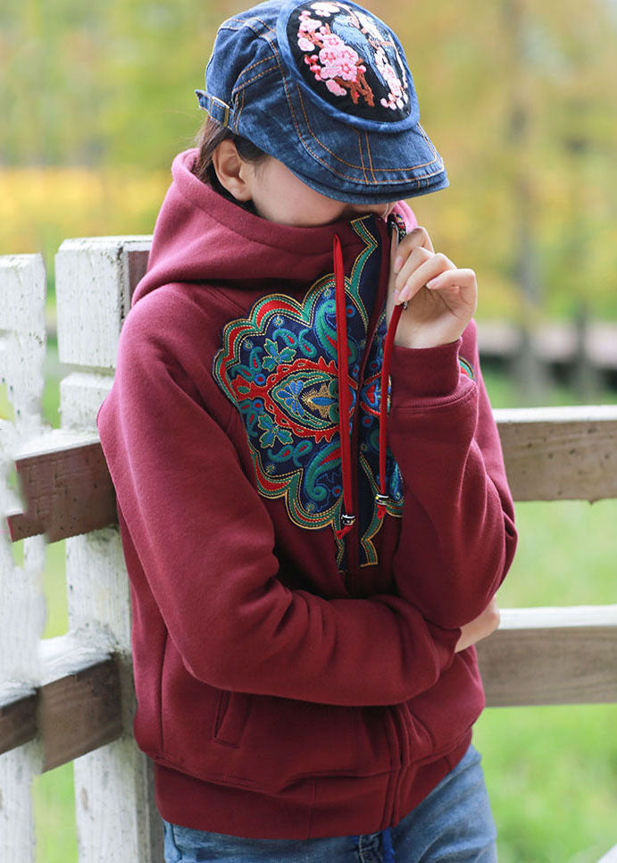 Mulberry Hooded Embroideried Warm Fleece Jacket Winter