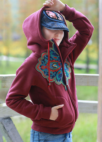 Mulberry Hooded Embroideried Warm Fleece Jacket Winter