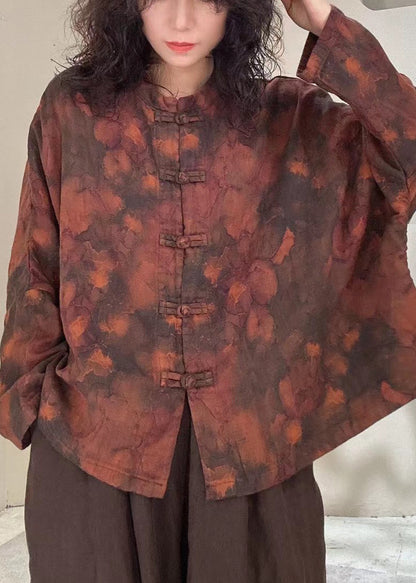 Vintage Mulberry Stand Collar Print Chinese Button Linen Blouses Spring