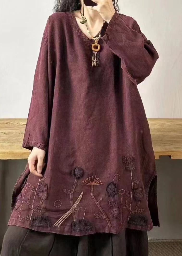Black Text V Neck Embroidered Patchwork Linen Mid Dresses Fall