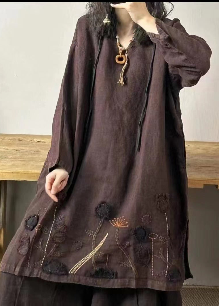 Yellow Sunflower V Neck Embroidered Patchwork Linen Mid Dresses Fall