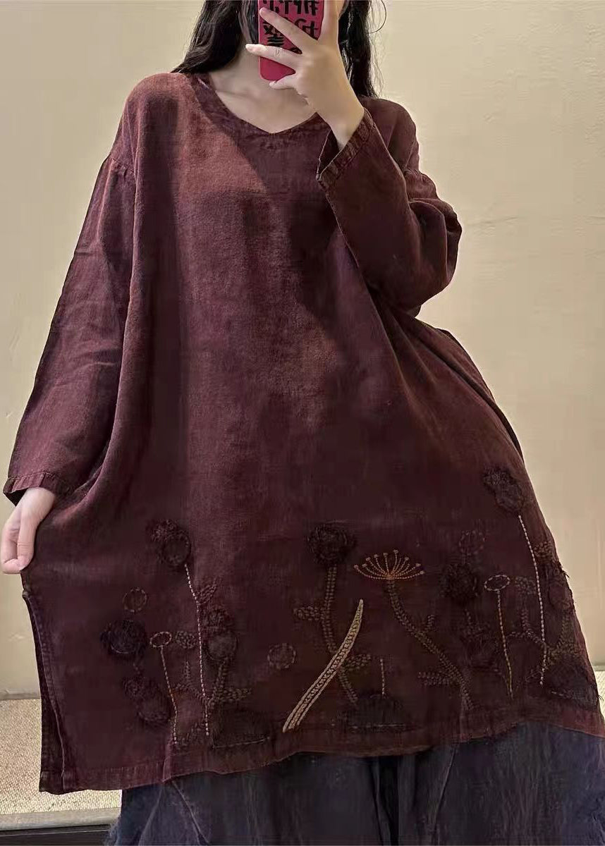 Yellow Sunflower V Neck Embroidered Patchwork Linen Mid Dresses Fall