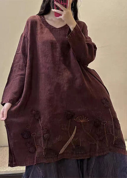Yellow Sunflower V Neck Embroidered Patchwork Linen Mid Dresses Fall