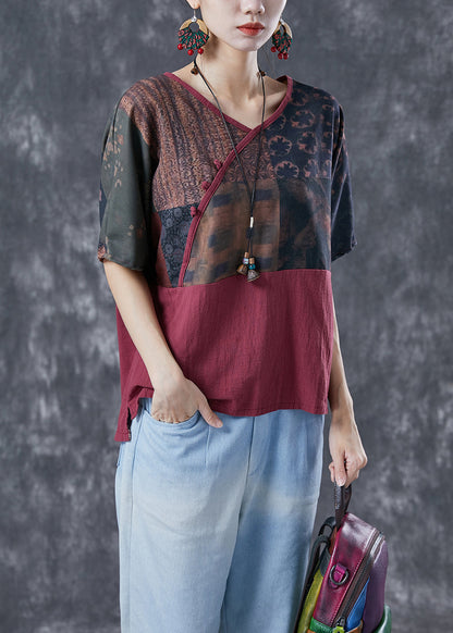 Mulberry V Neck Patchwork Print Linen Shirt Summer