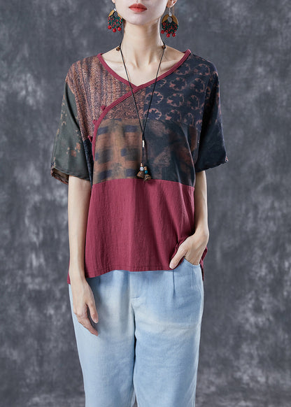Mulberry V Neck Patchwork Print Linen Shirt Summer
