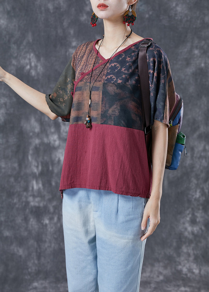 Mulberry V Neck Patchwork Print Linen Shirt Summer