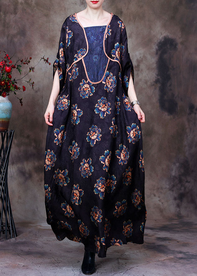 Navy Asymmetrical Patchwork Print Silk Long Dress Long Sleeve