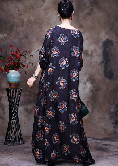 Navy Asymmetrical Patchwork Print Silk Long Dress Long Sleeve