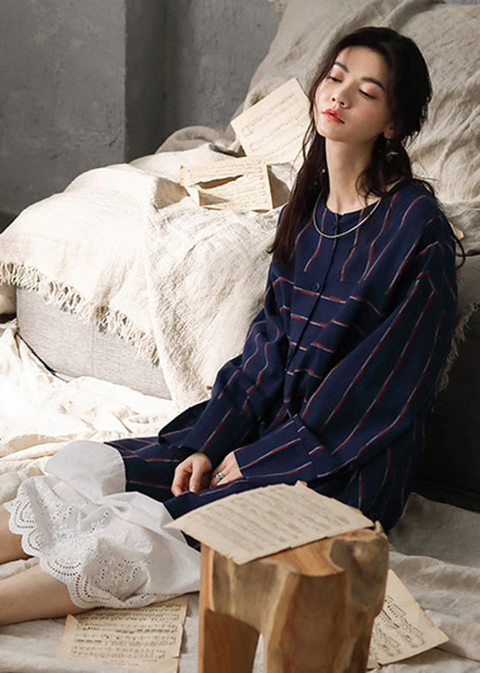 Navy Blue O-neck Striped Patchwork Cozy Cotton Long Dress Long Sleeve