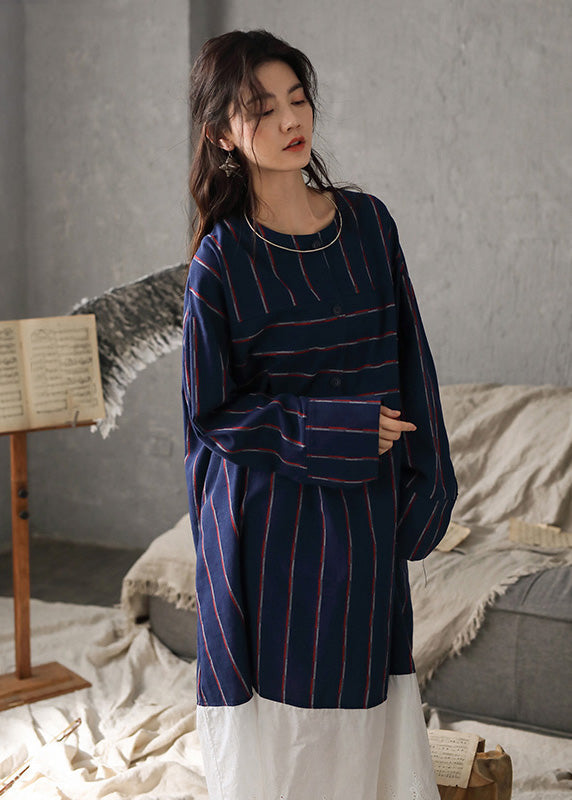 Navy Blue O-neck Striped Patchwork Cozy Cotton Long Dress Long Sleeve