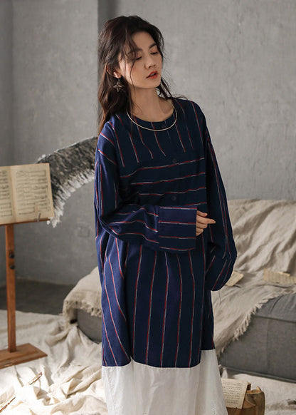 Navy Blue O-neck Striped Patchwork Cozy Cotton Long Dress Long Sleeve