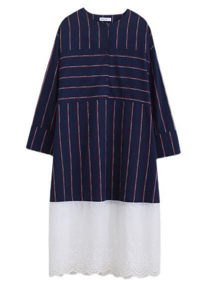 Navy Blue O-neck Striped Patchwork Cozy Cotton Long Dress Long Sleeve