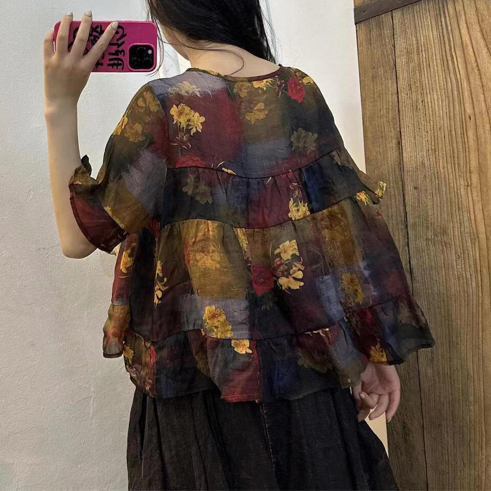 Navy Blue Print Patchwork Linen Top Summer