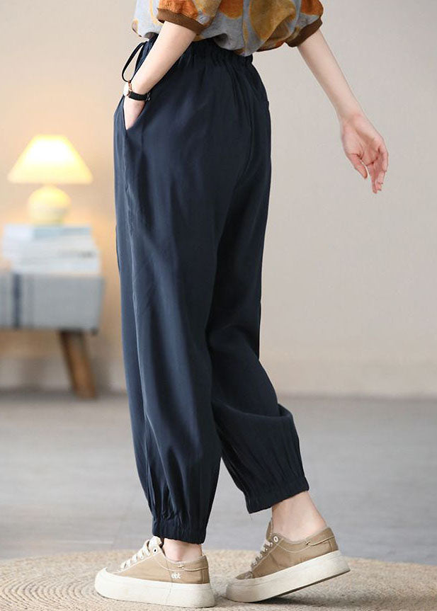 Navy Elastic Waist Drawstring Pockets Silk Harem Pants Fall