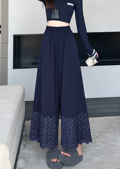 Navy Embroidered Cotton Crop Pants Spring