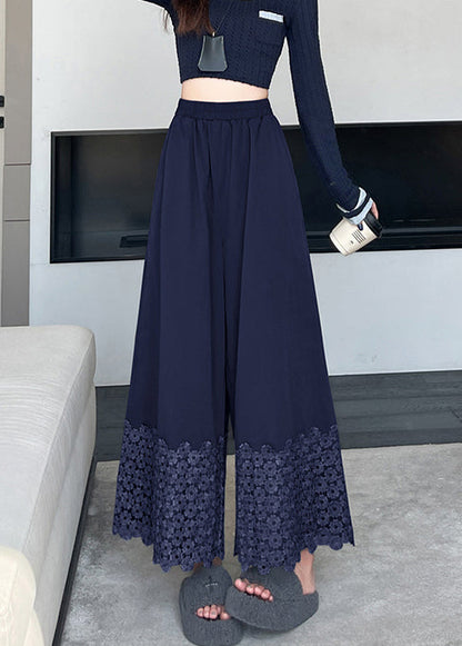 Navy Embroidered Cotton Crop Pants Spring