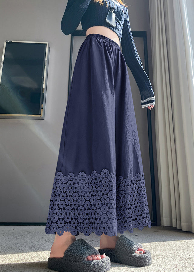Navy Embroidered Cotton Crop Pants Spring