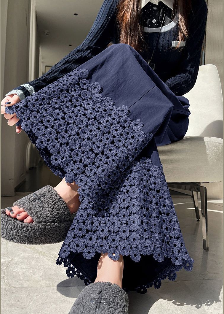 Navy Embroidered Cotton Crop Pants Spring