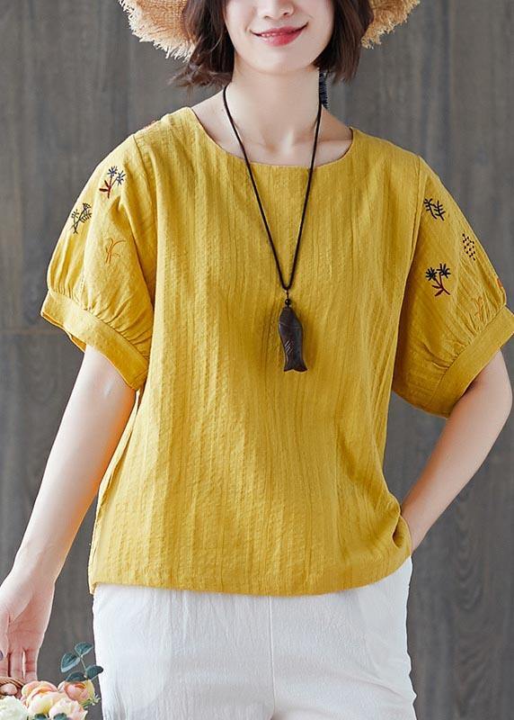Navy Embroideried Cotton Linen T Shirts Summer