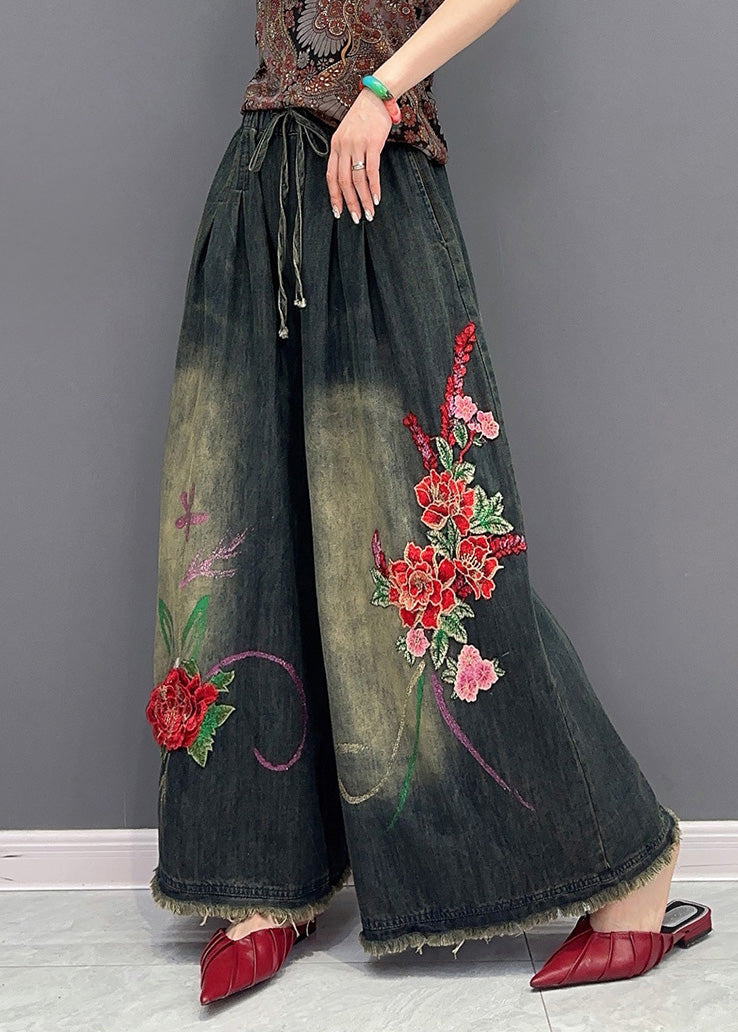 Navy Embroideried Tie Waist Elastic Waist Pockets Wide Leg Pants Summer