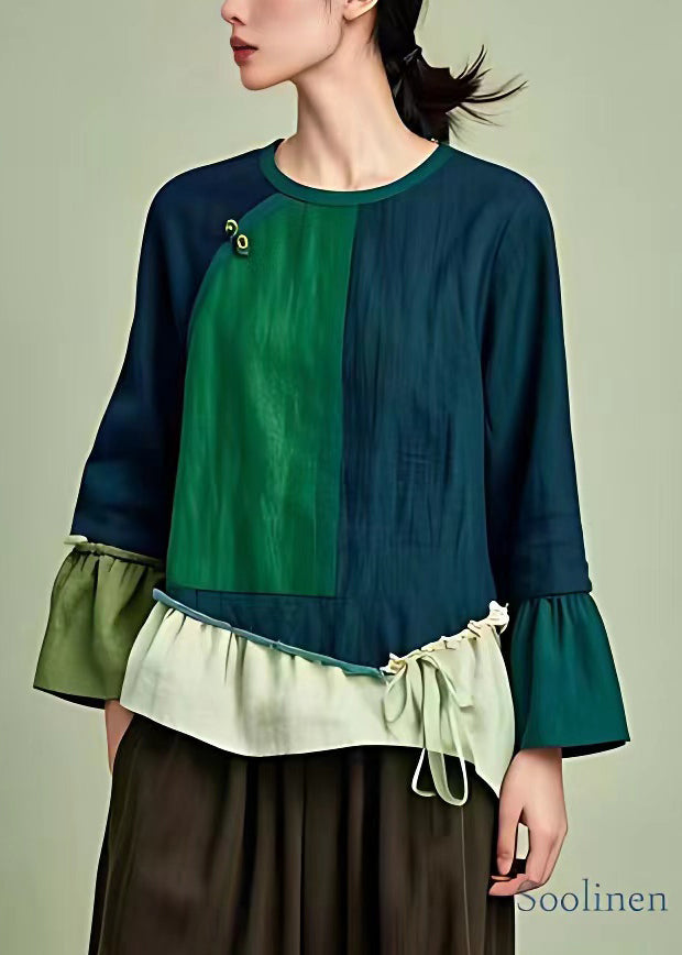 Vintage Navy O Neck Lace Up Patchwork Cotton T Shirts Long Sleeve