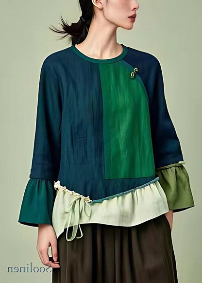 Vintage Navy O Neck Lace Up Patchwork Cotton T Shirts Long Sleeve