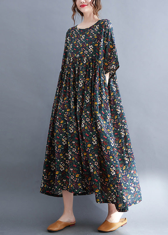 Navy O-neck Patchwork Cotton Party Maxi Dress Summer