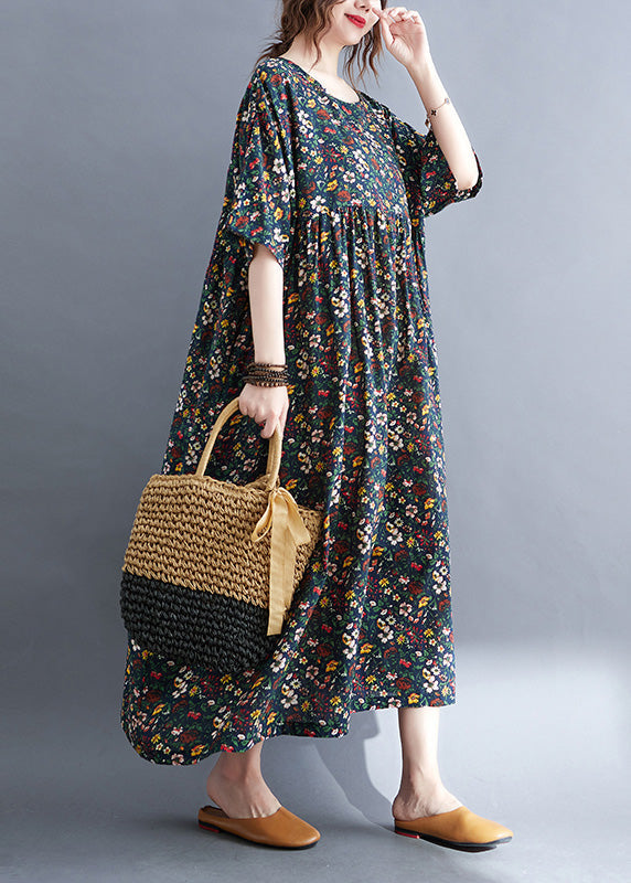 Navy O-neck Patchwork Cotton Party Maxi Dress Summer