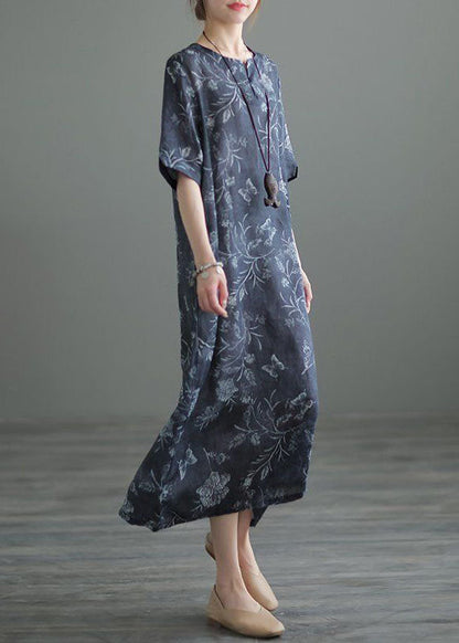 Navy O Neck Print Pockets Patchwork Linen Long Dresses Summer