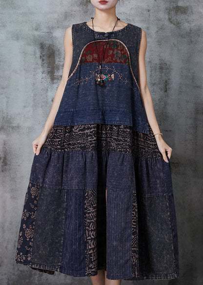 Navy Patchwork Denim National Style Dresses Spring