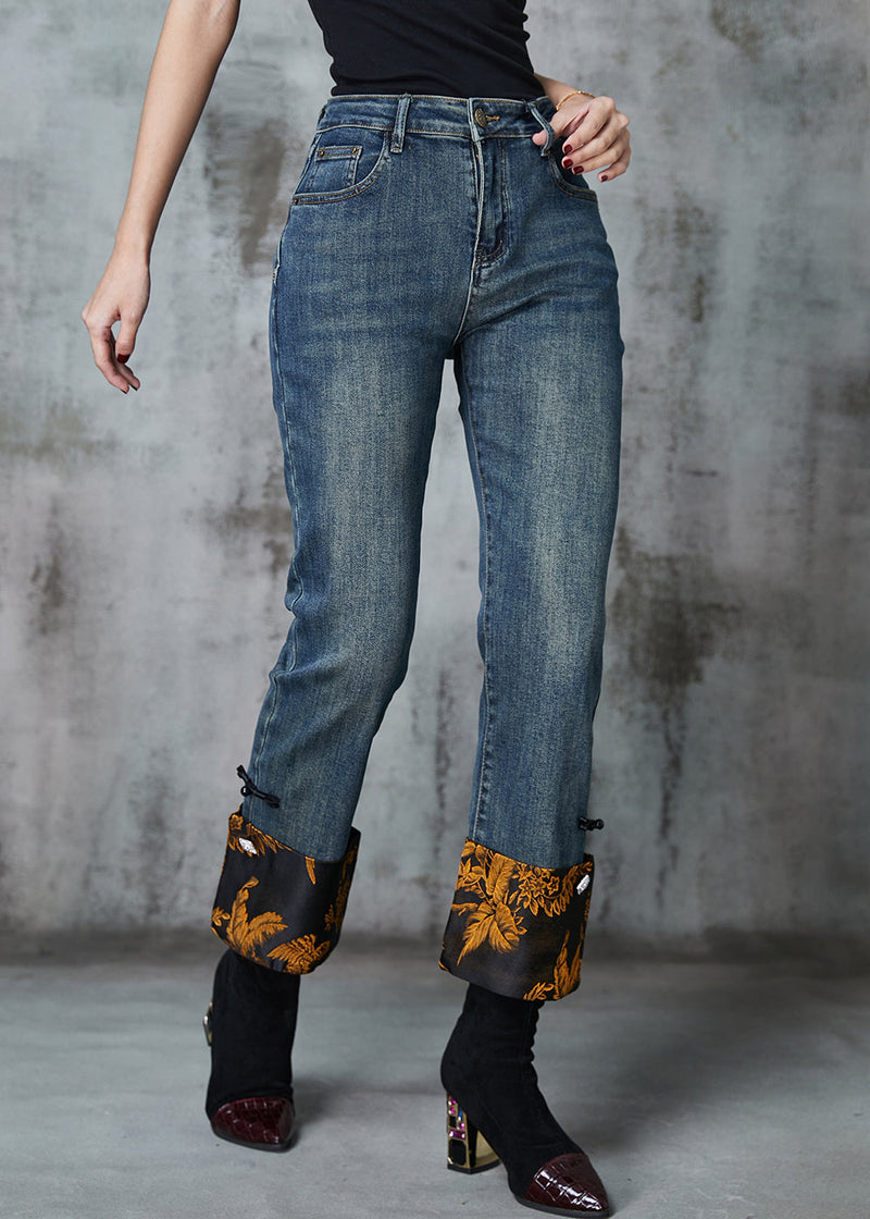 Navy Patchwork Jacquard Denim Straight Pants Spring