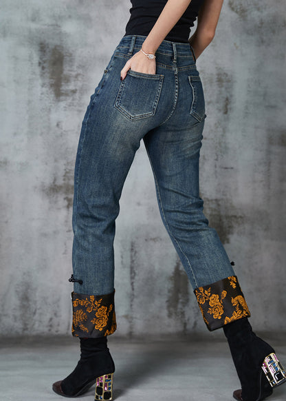 Navy Patchwork Jacquard Denim Straight Pants Spring