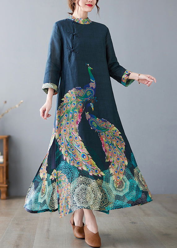 Navy Peacock Print Side Open Linen Long Dress Bracelet Sleeve