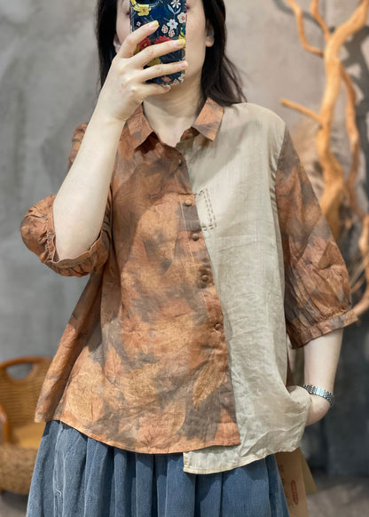 Navy Peter Pan Collar Print Patchwork Cotton Shirt Fall