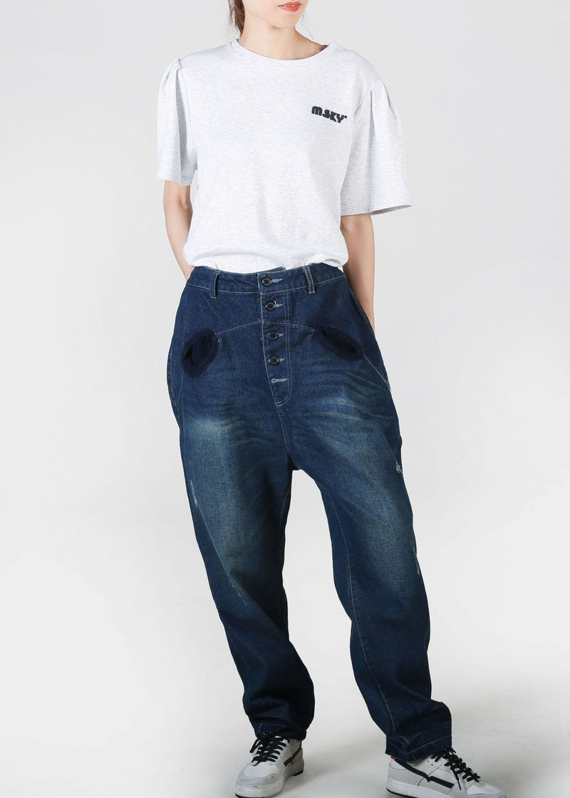 Navy Pockets Patchwork Denim Straight Pants Summer